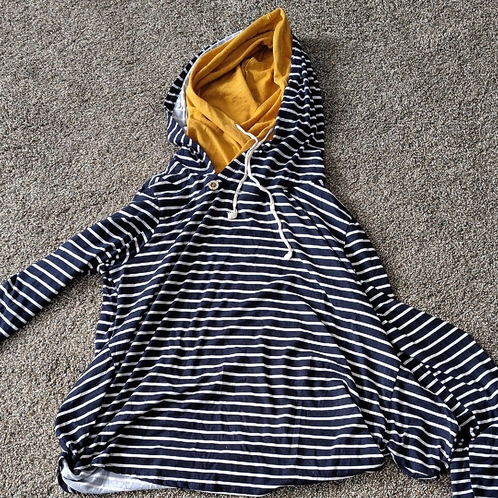 Striped Hoodie with Mustard Lining in hood.